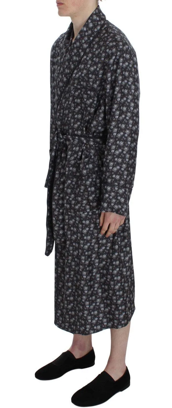 Brown Floral Print Silk Sleepwear Robe