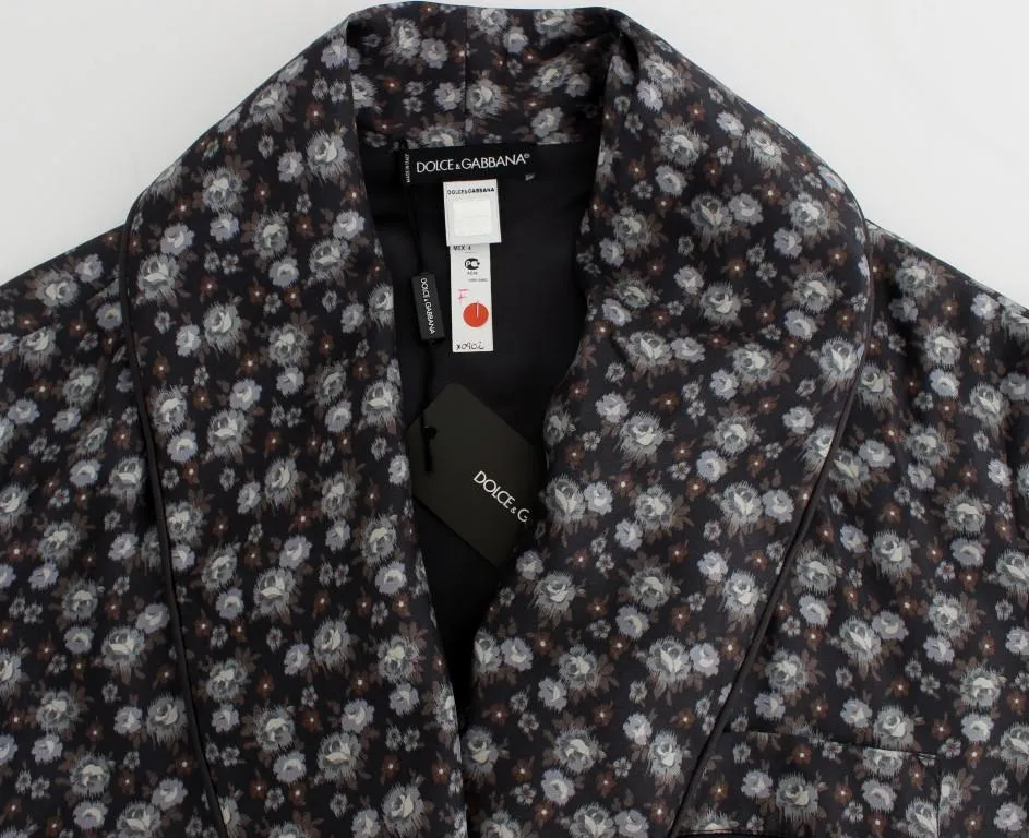 Brown Floral Print Silk Sleepwear Robe