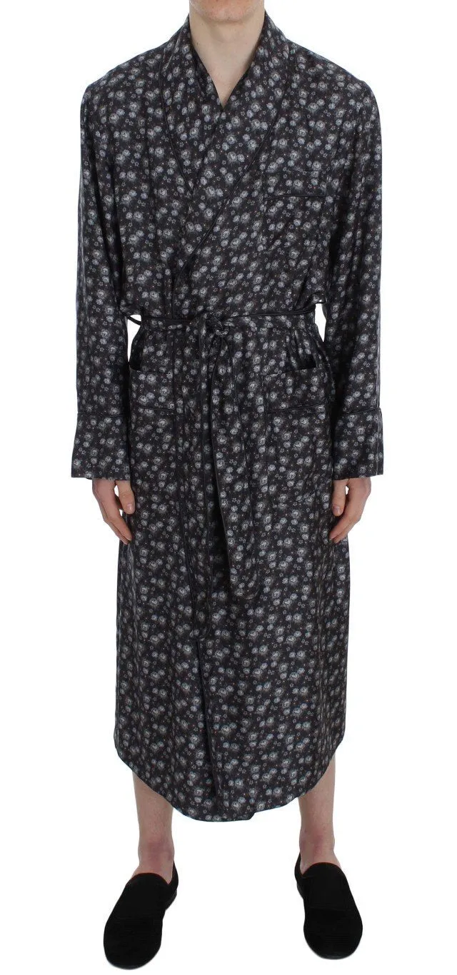 Brown Floral Print Silk Sleepwear Robe