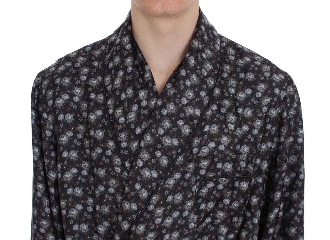 Brown Floral Print Silk Sleepwear Robe