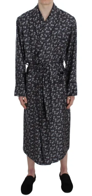 Brown Floral Print Silk Sleepwear Robe
