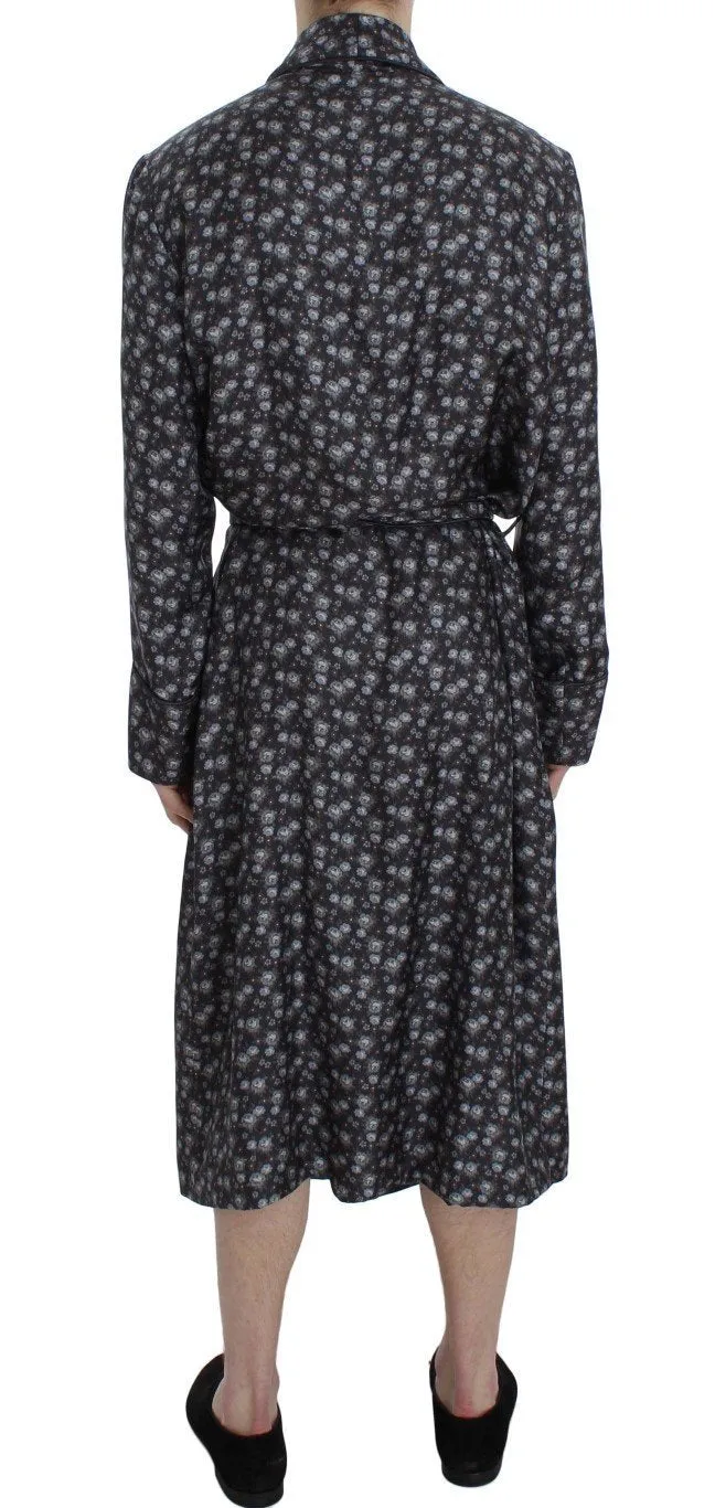 Brown Floral Print Silk Sleepwear Robe
