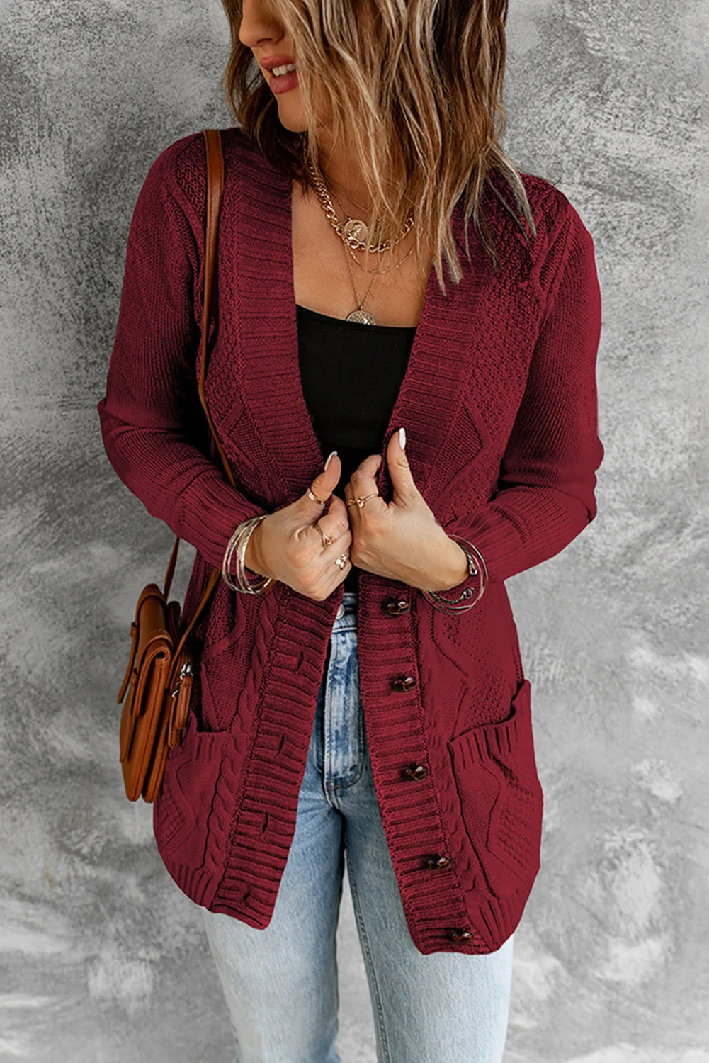 Burgundy Front Pocket Closure Cardigan