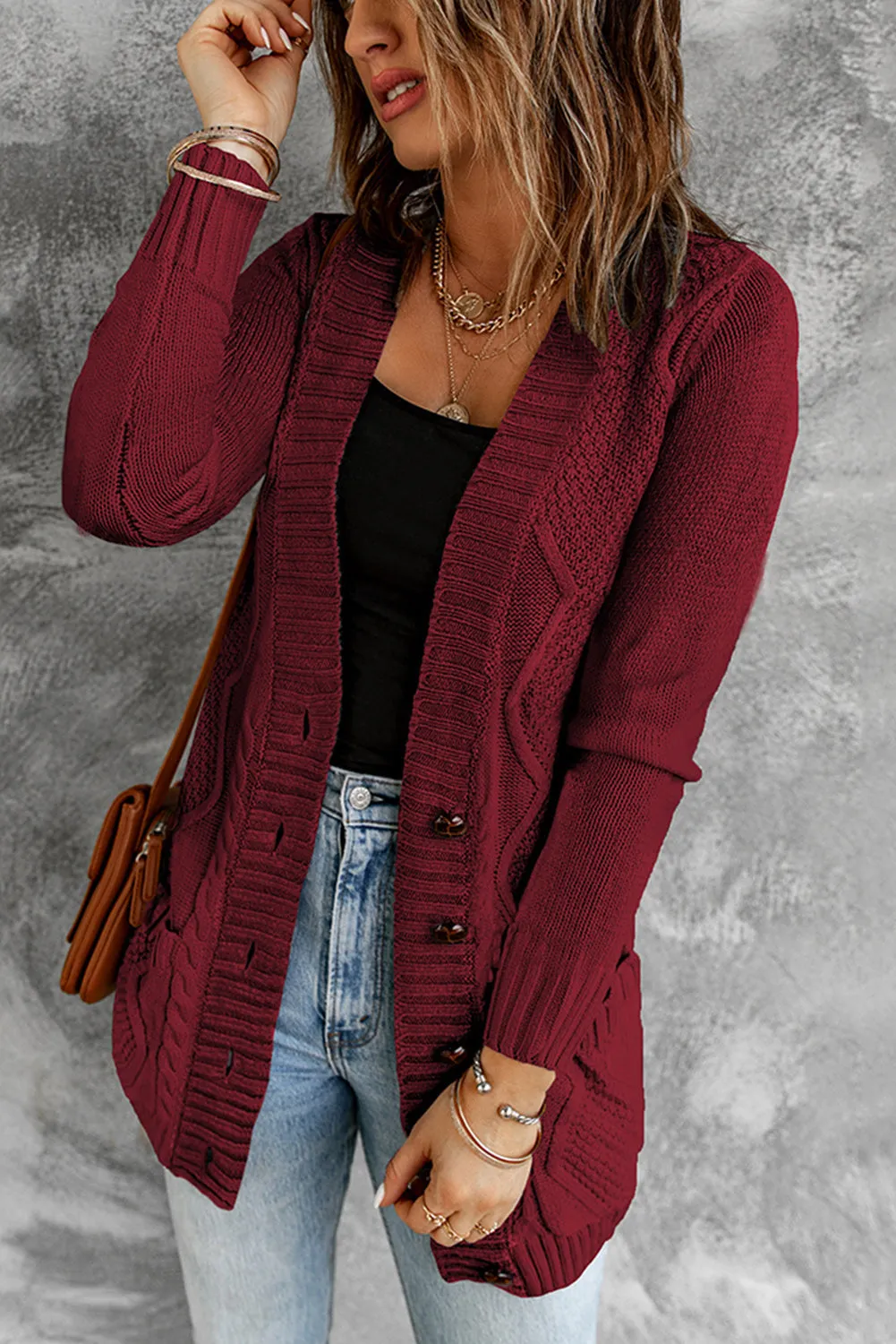 Burgundy Front Pocket Closure Cardigan