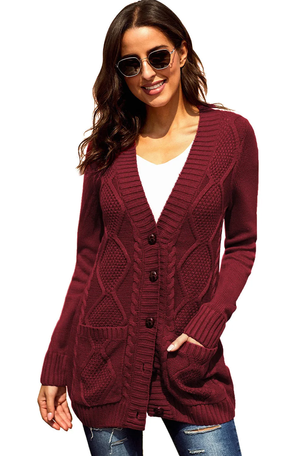 Burgundy Front Pocket Closure Cardigan