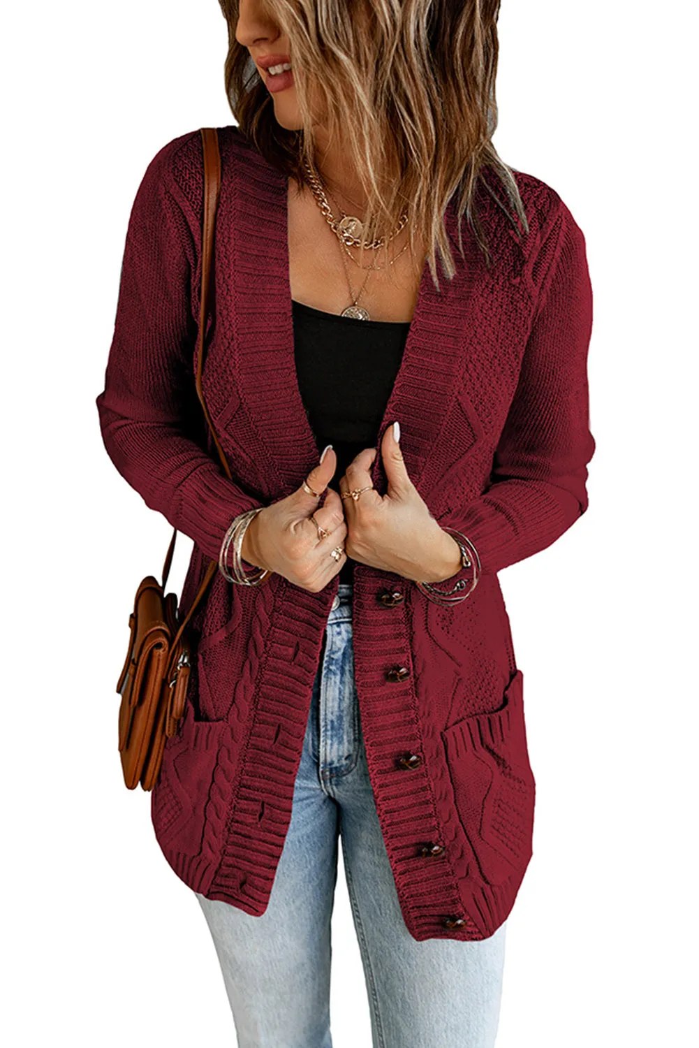 Burgundy Front Pocket Closure Cardigan