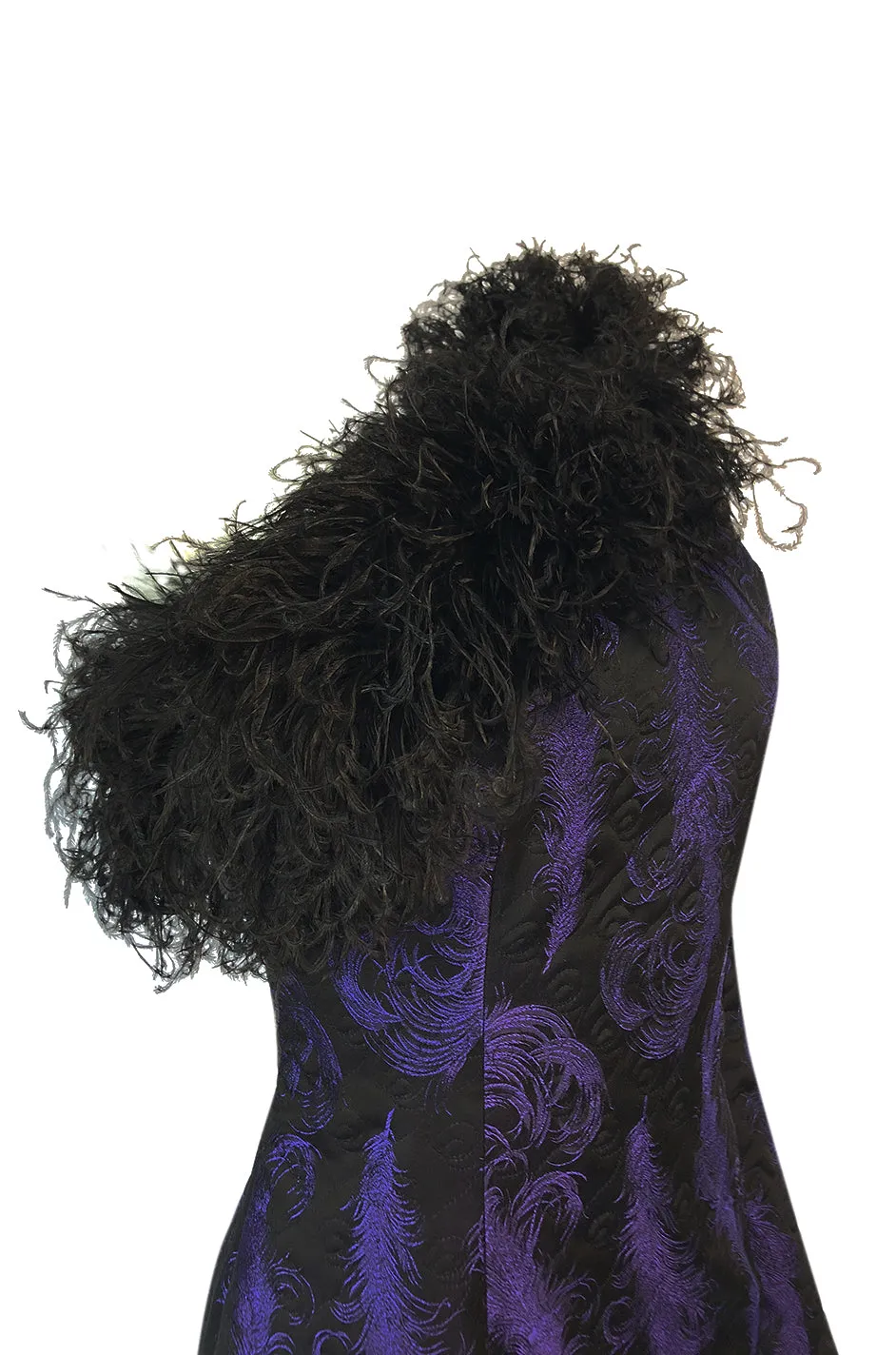 c.1988 Patrick Kelly Purple Brocade One Shoulder Feather Trim Dress