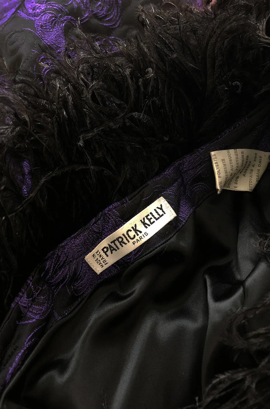 c.1988 Patrick Kelly Purple Brocade One Shoulder Feather Trim Dress