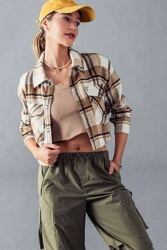 Camel Bella Snap Button Plaid Crop Urban Daizy Jacket