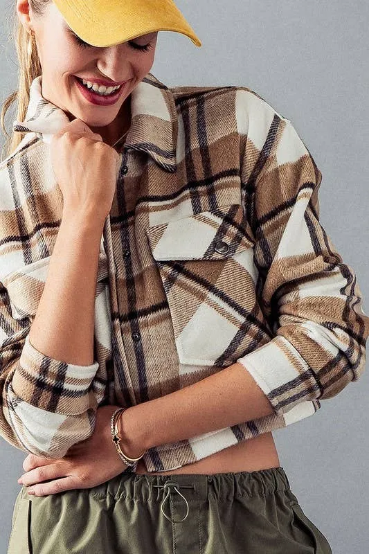 Camel Bella Snap Button Plaid Crop Urban Daizy Jacket