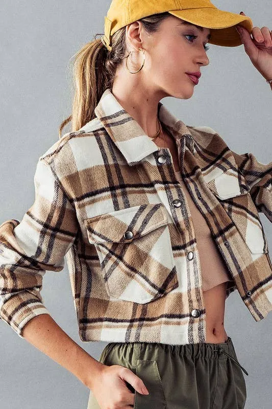 Camel Bella Snap Button Plaid Crop Urban Daizy Jacket