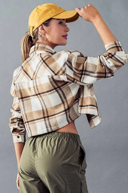 Camel Bella Snap Button Plaid Crop Urban Daizy Jacket