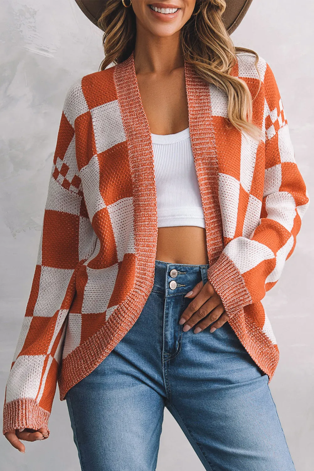 Cardigan Plaid Checkered Open Front Dropped Shoulder Sweater KESLEY