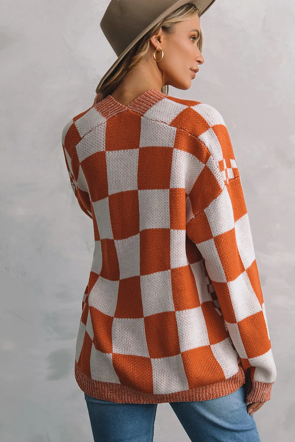 Cardigan Plaid Checkered Open Front Dropped Shoulder Sweater KESLEY
