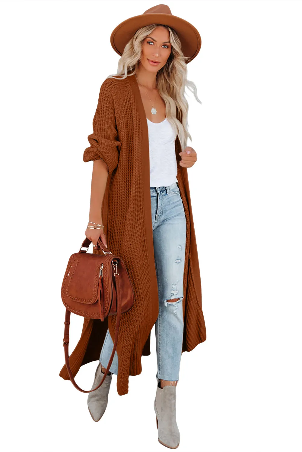 Chestnut Open Front Side Slit Duster Knit Cardigan