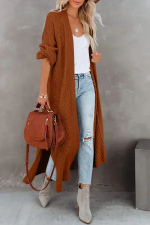 Chestnut Open Front Side Slit Duster Knit Cardigan