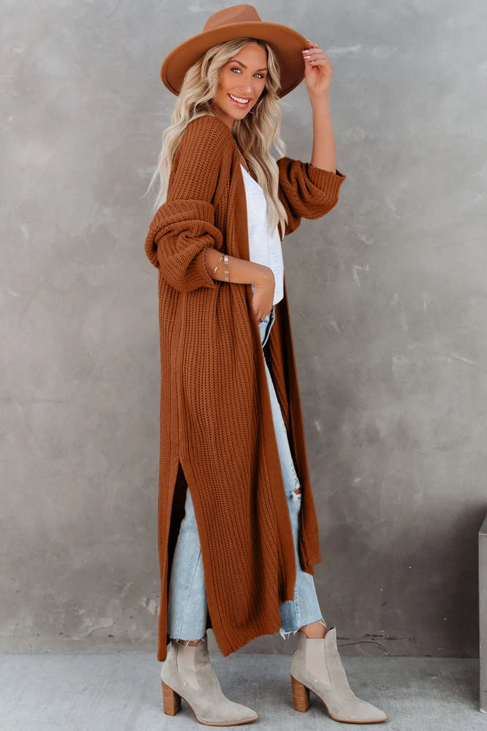 Chestnut Open Front Side Slit Duster Knit Cardigan