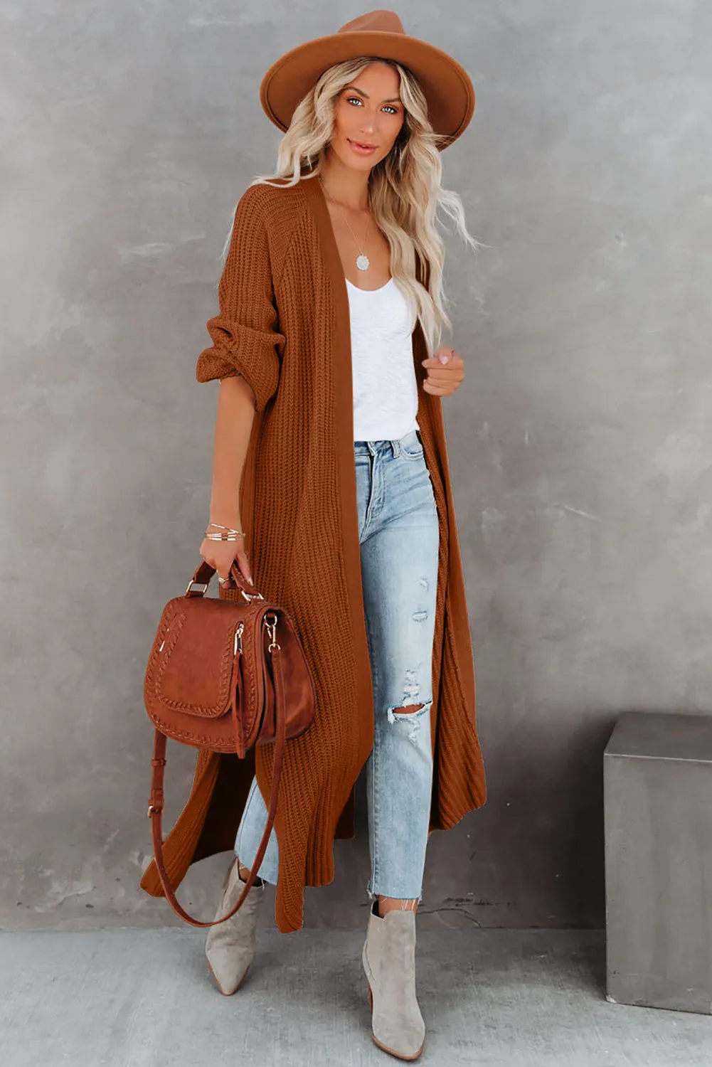 Chestnut Open Front Side Slit Duster Knit Cardigan