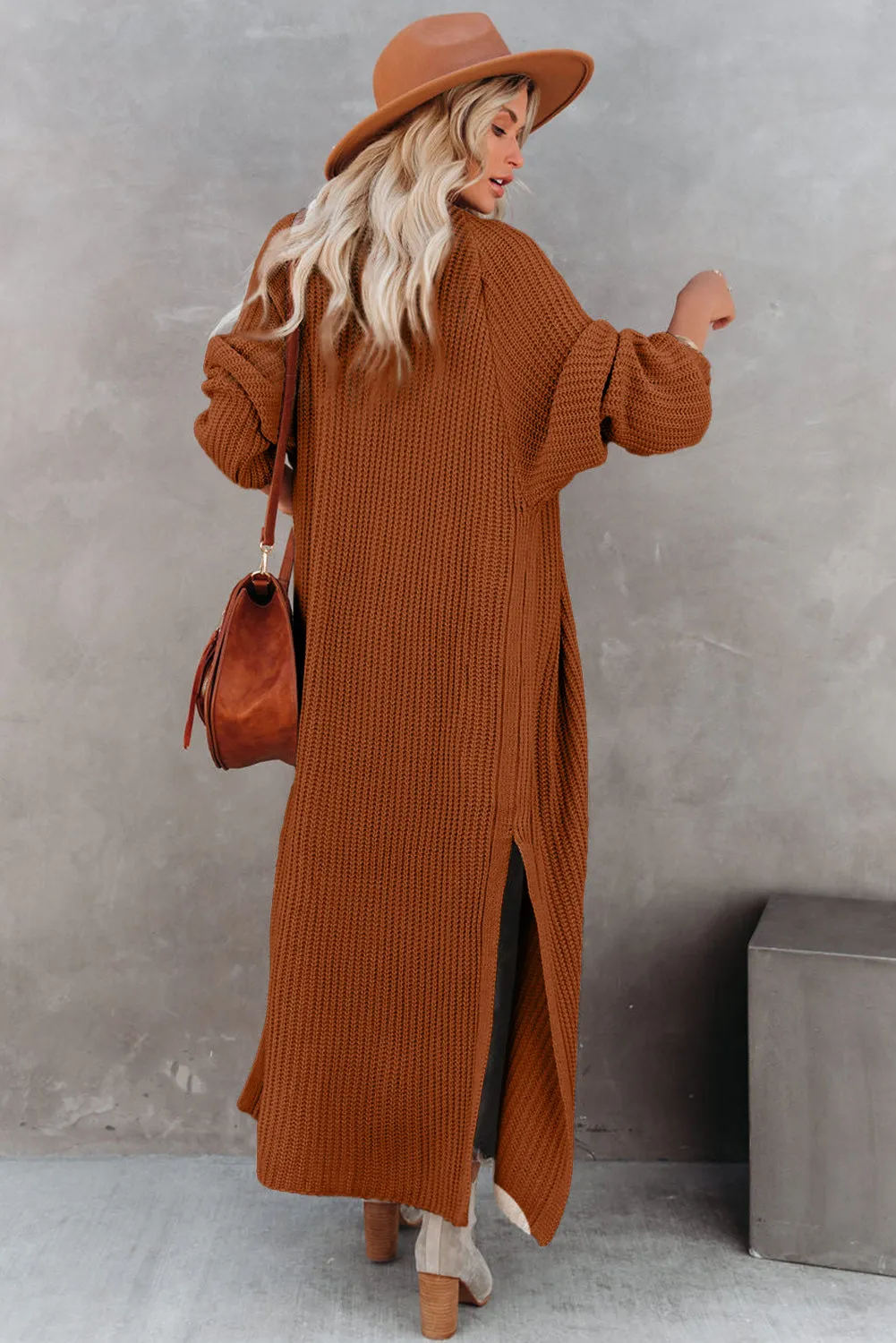 Chestnut Open Front Side Slit Duster Knit Cardigan