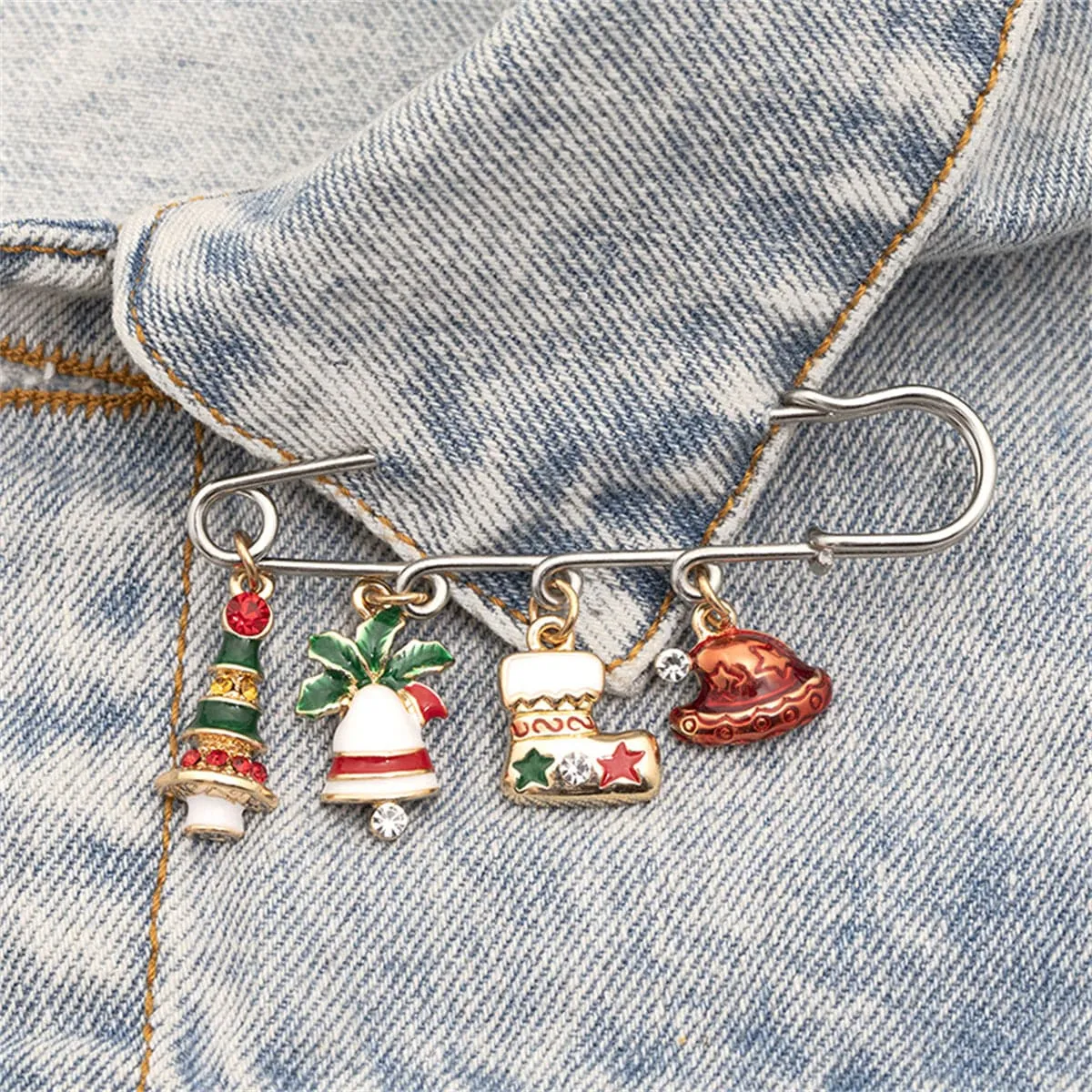 Colored Enamel & Cubic Zirconia Two Tone Christmas Icon Charm Brooch