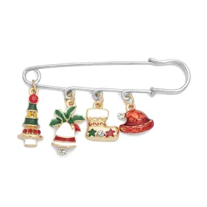Colored Enamel & Cubic Zirconia Two Tone Christmas Icon Charm Brooch