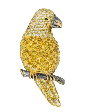 Contemporary 8.50 CTW Yellow Sapphire Diamond Emerald 18 Karat Gold Vintage Parrot Brooch