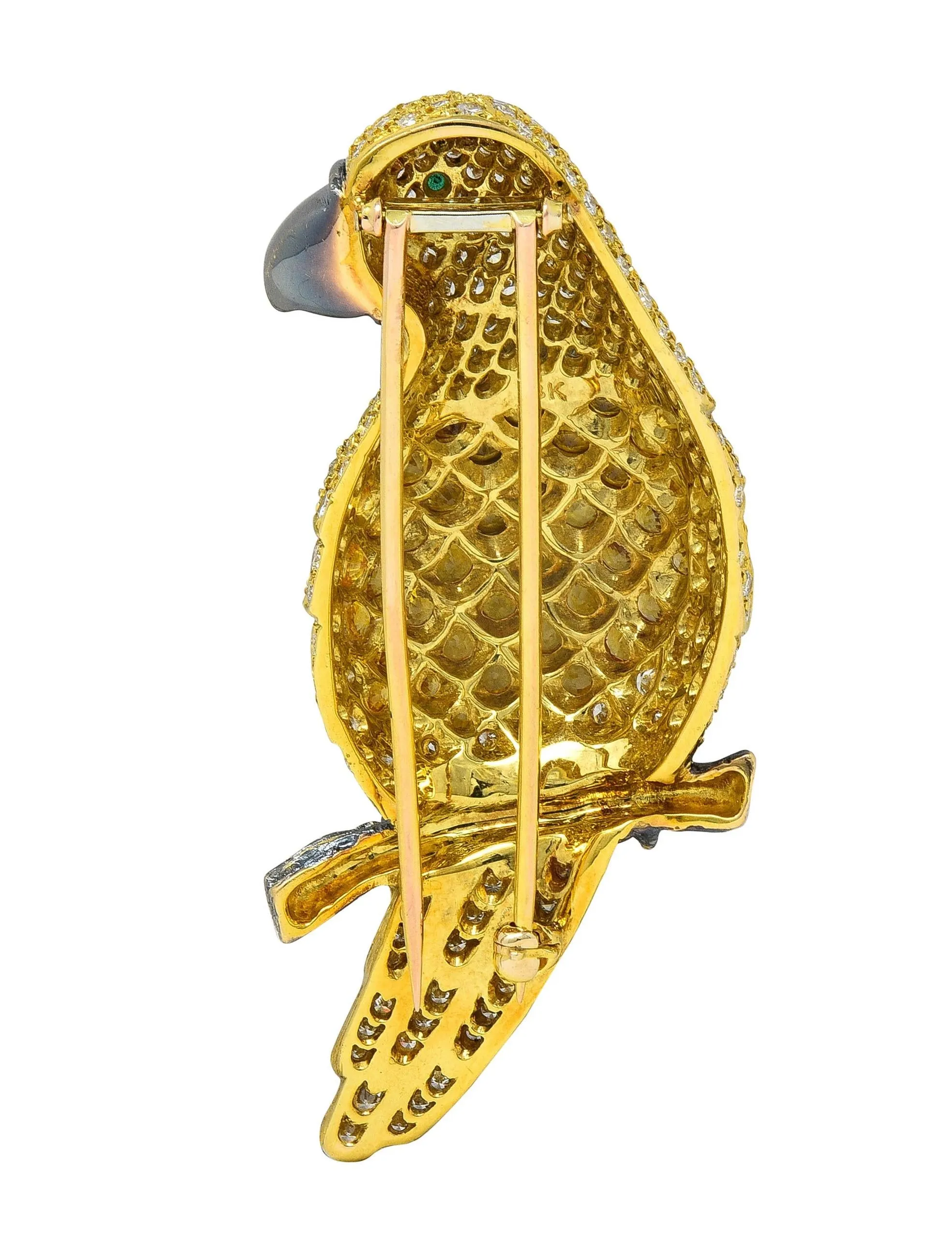 Contemporary 8.50 CTW Yellow Sapphire Diamond Emerald 18 Karat Gold Vintage Parrot Brooch