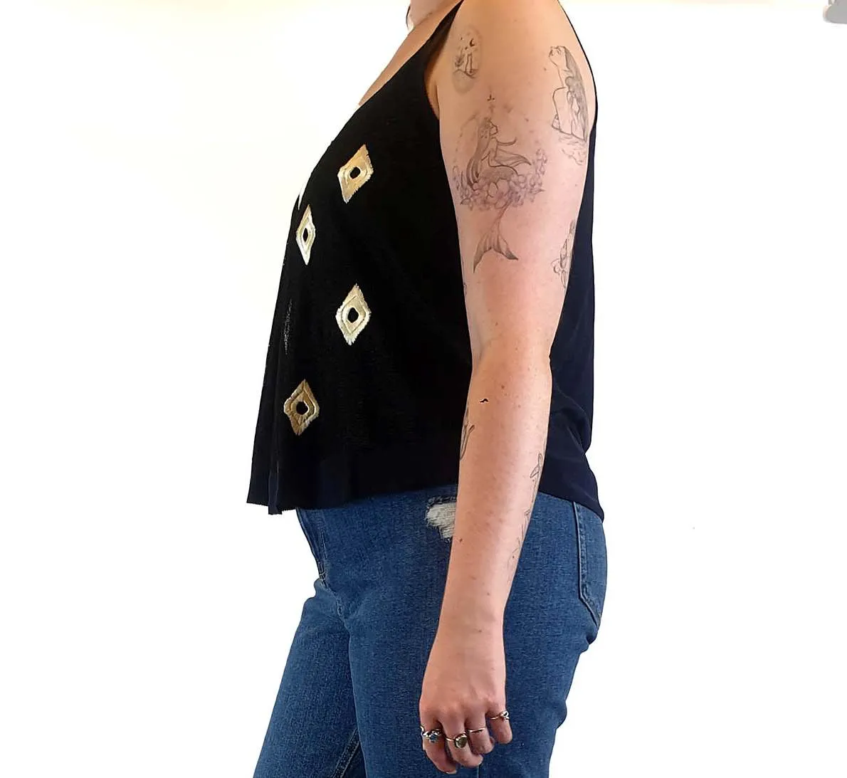 Country Road 100% silk navy top with unique embroidery size M