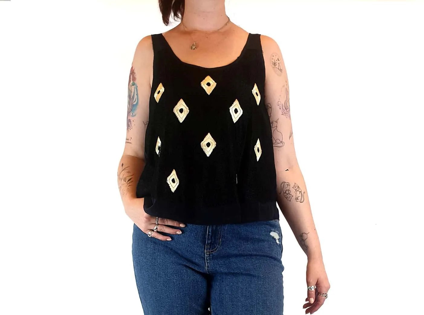 Country Road 100% silk navy top with unique embroidery size M