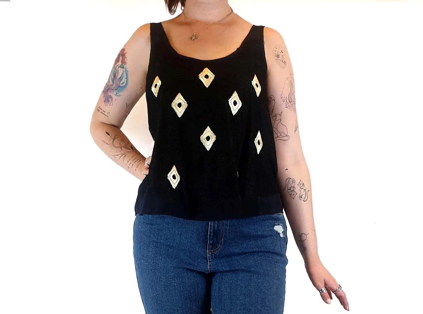 Country Road 100% silk navy top with unique embroidery size M