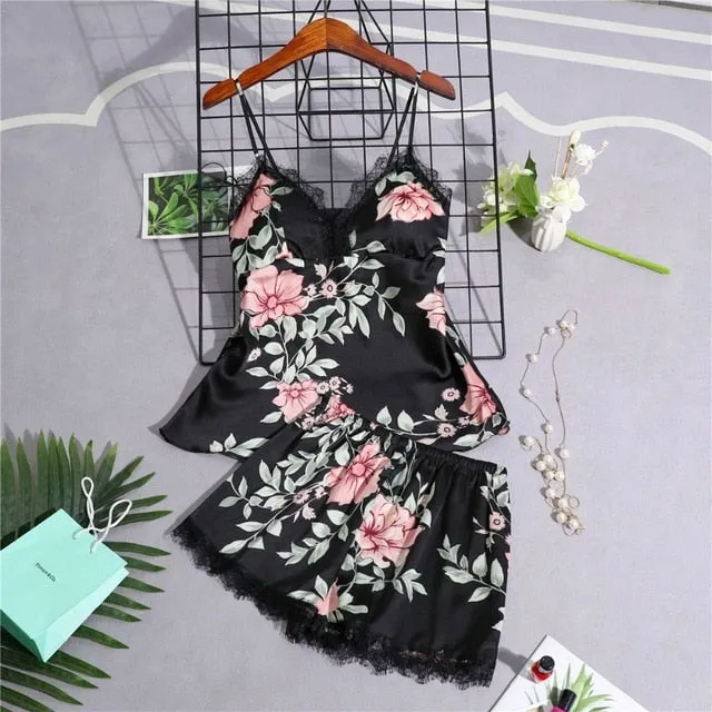 Daeyard Women's Pajamas Silk Floral Overall Print 5Pcs Pajama Set Satin Pyjamas Sexy Lace Pijama Nightie Sleepwear Home Clothes