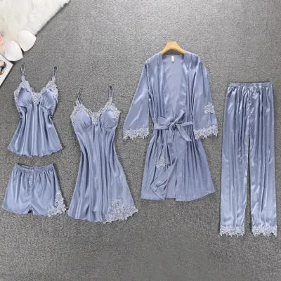Daeyard Women's Pajamas Silk Floral Overall Print 5Pcs Pajama Set Satin Pyjamas Sexy Lace Pijama Nightie Sleepwear Home Clothes