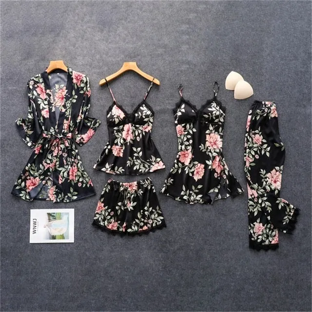 Daeyard Women's Pajamas Silk Floral Overall Print 5Pcs Pajama Set Satin Pyjamas Sexy Lace Pijama Nightie Sleepwear Home Clothes