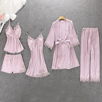 Daeyard Women's Pajamas Silk Floral Overall Print 5Pcs Pajama Set Satin Pyjamas Sexy Lace Pijama Nightie Sleepwear Home Clothes