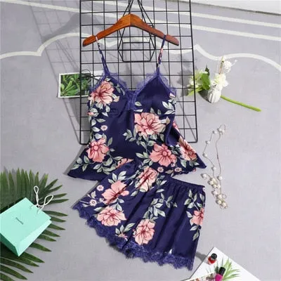 Daeyard Women's Pajamas Silk Floral Overall Print 5Pcs Pajama Set Satin Pyjamas Sexy Lace Pijama Nightie Sleepwear Home Clothes