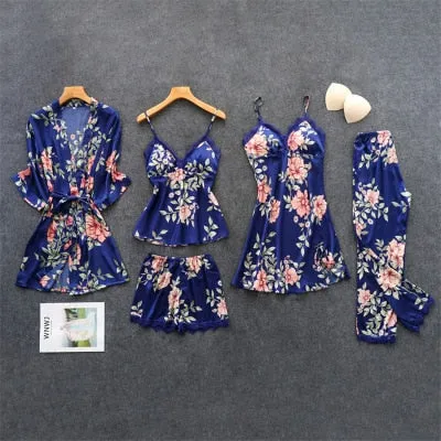 Daeyard Women's Pajamas Silk Floral Overall Print 5Pcs Pajama Set Satin Pyjamas Sexy Lace Pijama Nightie Sleepwear Home Clothes