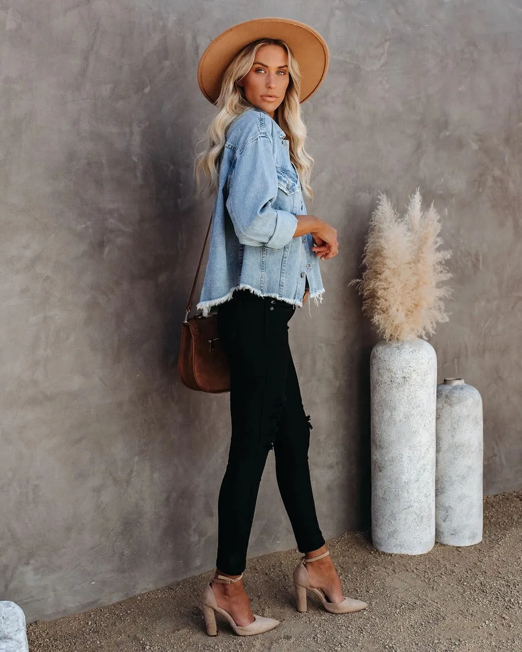 Denim Pile Collar Single-breasted Splicing Tassel Hem Outerwear