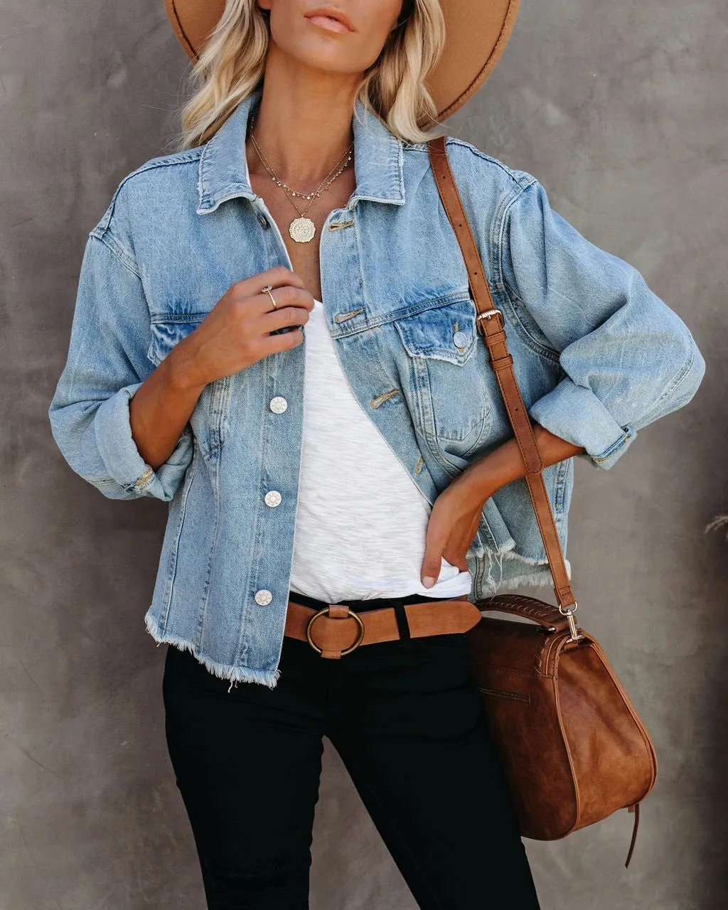 Denim Pile Collar Single-breasted Splicing Tassel Hem Outerwear