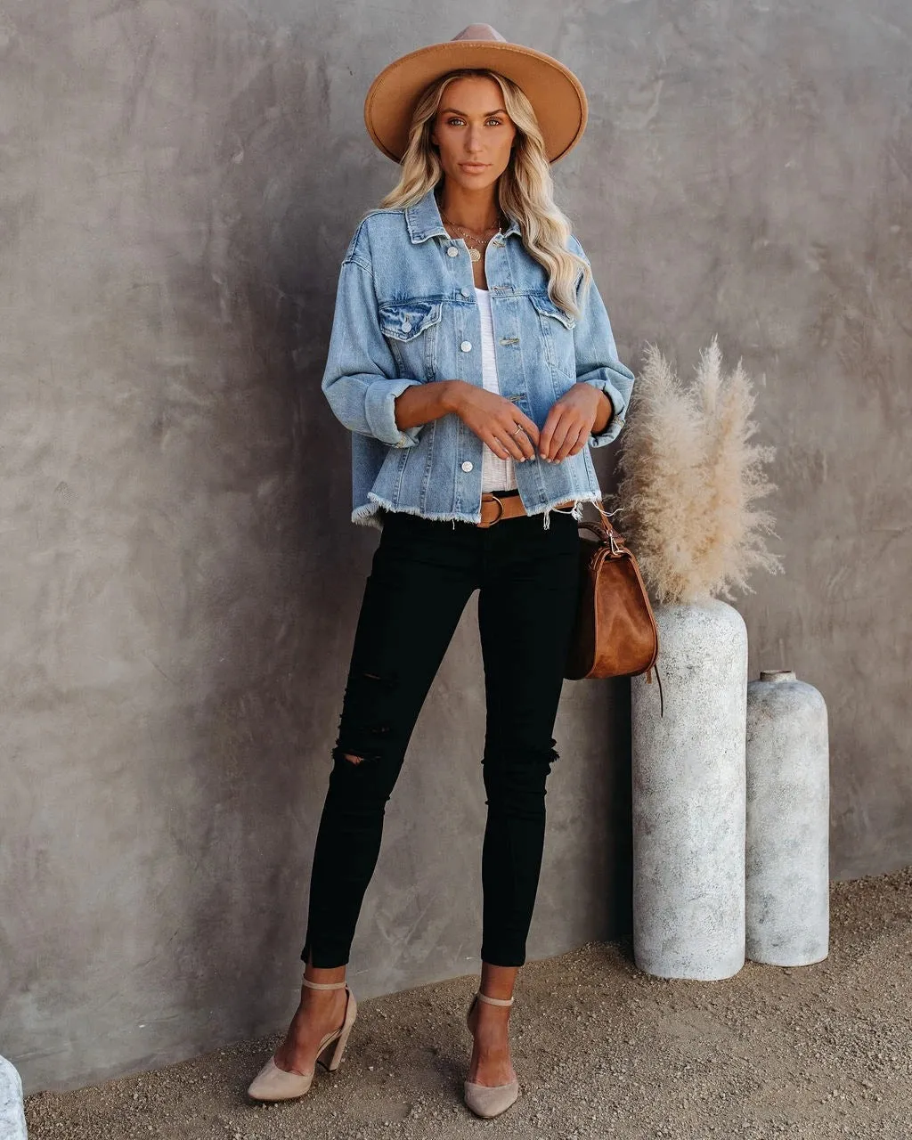 Denim Pile Collar Single-breasted Splicing Tassel Hem Outerwear