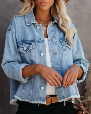 Denim Pile Collar Single-breasted Splicing Tassel Hem Outerwear