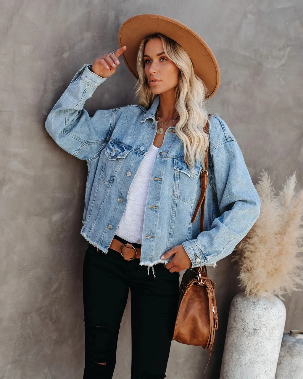 Denim Pile Collar Single-breasted Splicing Tassel Hem Outerwear