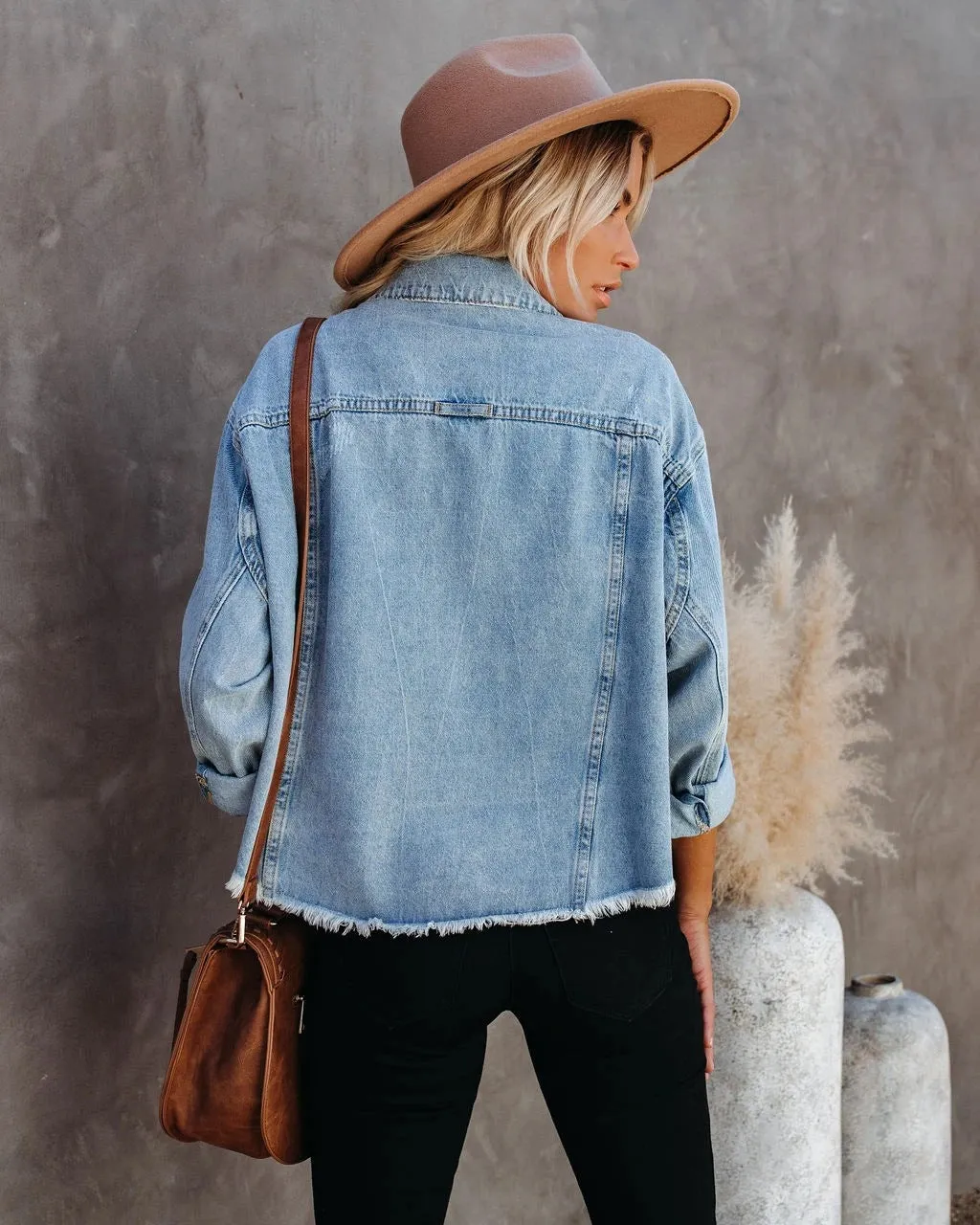 Denim Pile Collar Single-breasted Splicing Tassel Hem Outerwear