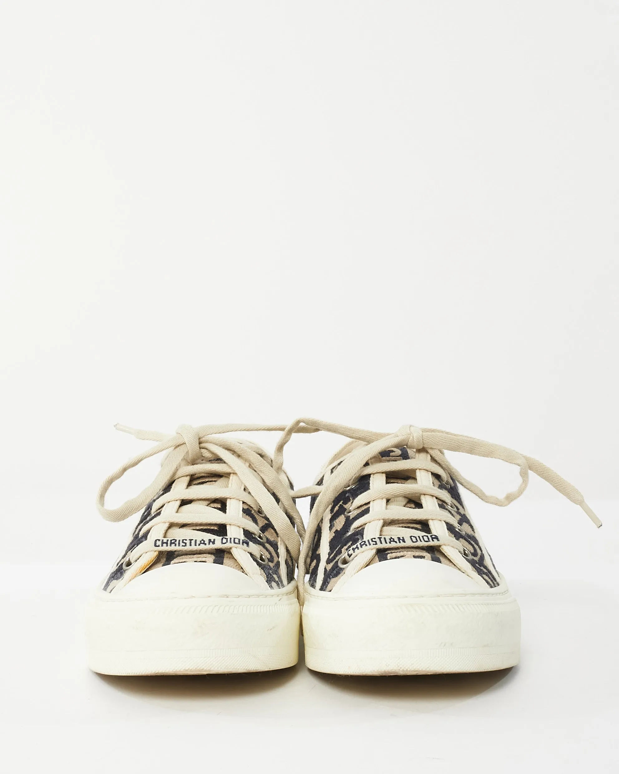 Dior Cream & Navy Monogram Oblique Canvas Walk'N'Dior Low Top Sneakers - 37