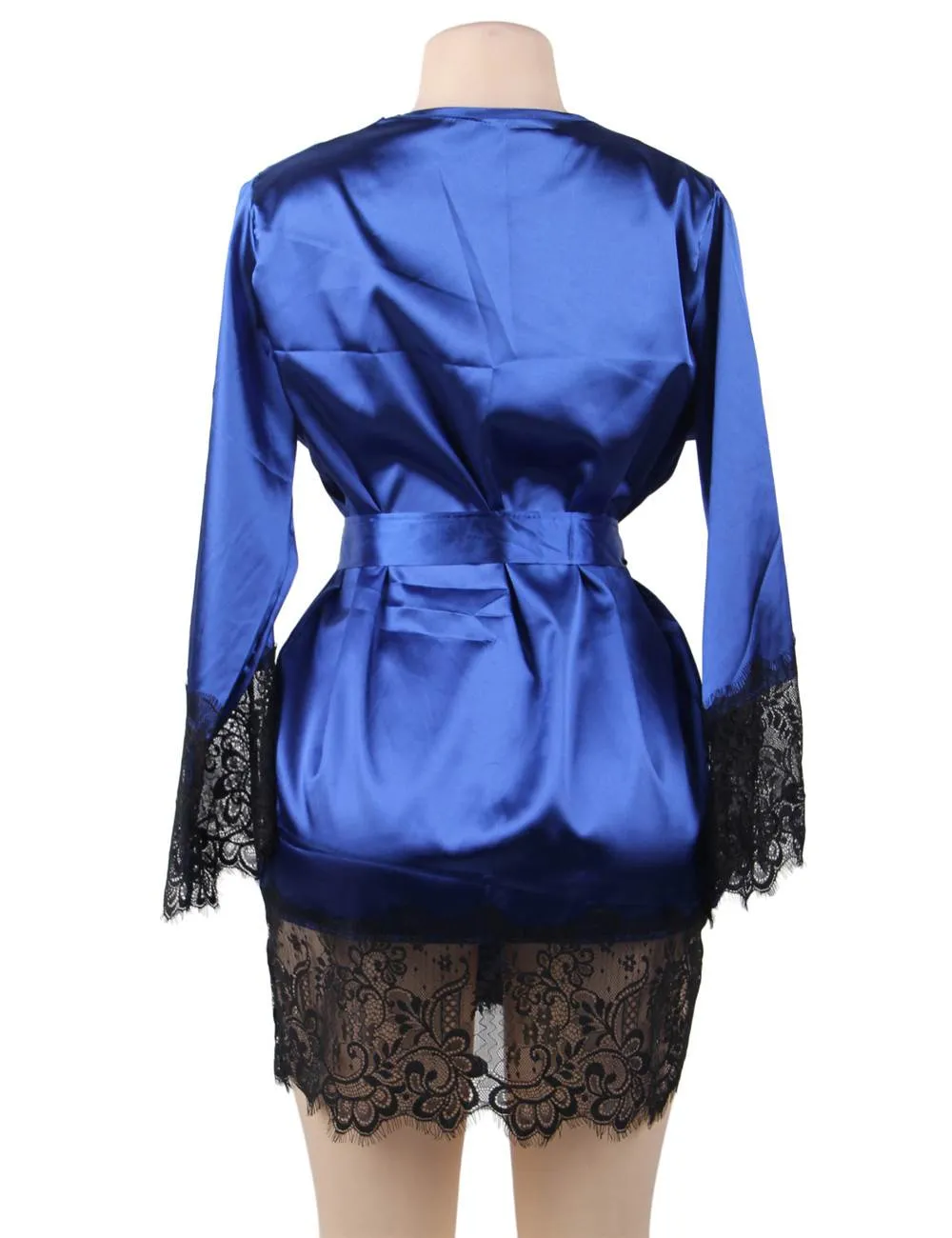 Elegant Nightdress Egypt Silk Eyelash Lace Long Sleeves Sleepwear With G String