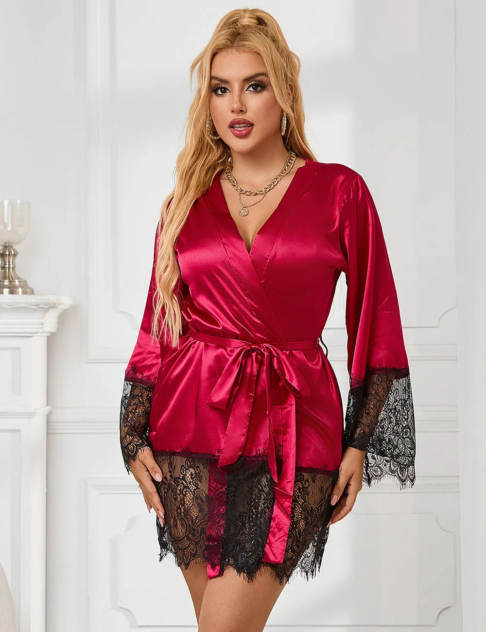 Elegant Nightdress Egypt Silk Eyelash Lace Long Sleeves Sleepwear With G String