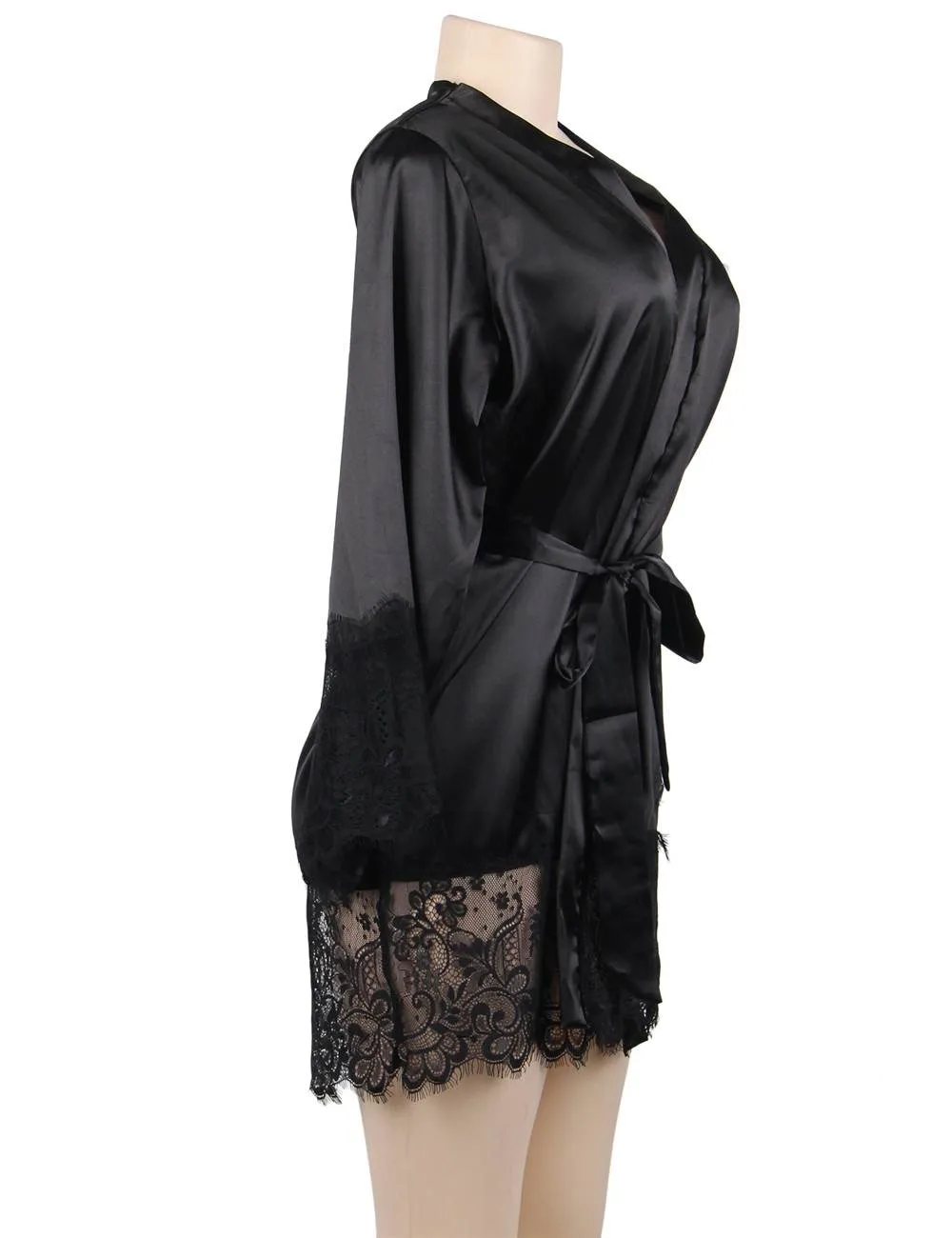 Elegant Nightdress Egypt Silk Eyelash Lace Long Sleeves Sleepwear With G String