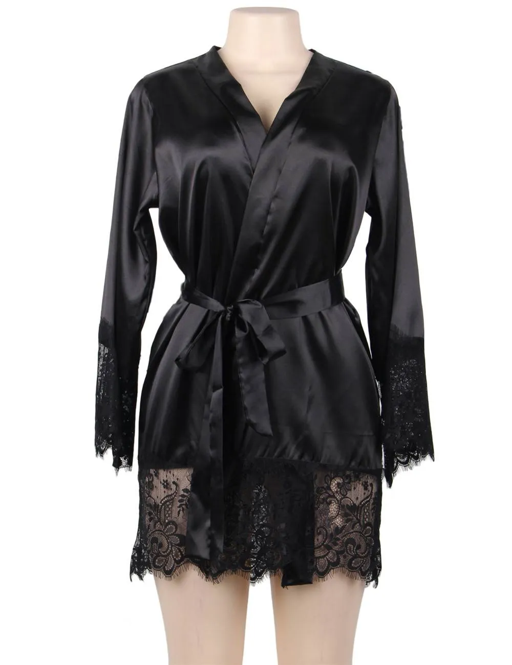 Elegant Nightdress Egypt Silk Eyelash Lace Long Sleeves Sleepwear With G String