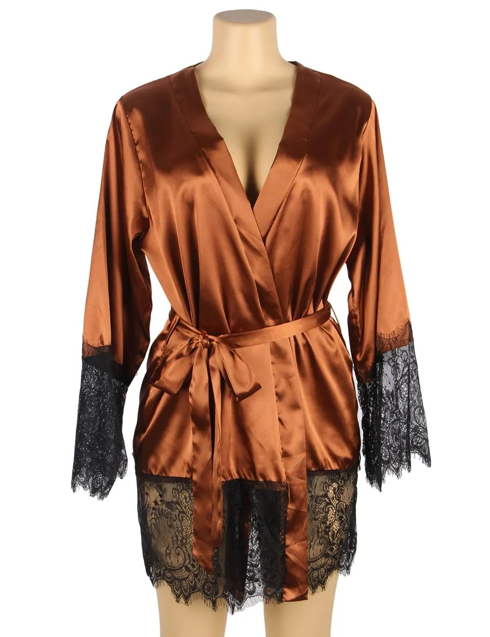 Elegant Nightdress Egypt Silk Eyelash Lace Long Sleeves Sleepwear With G String