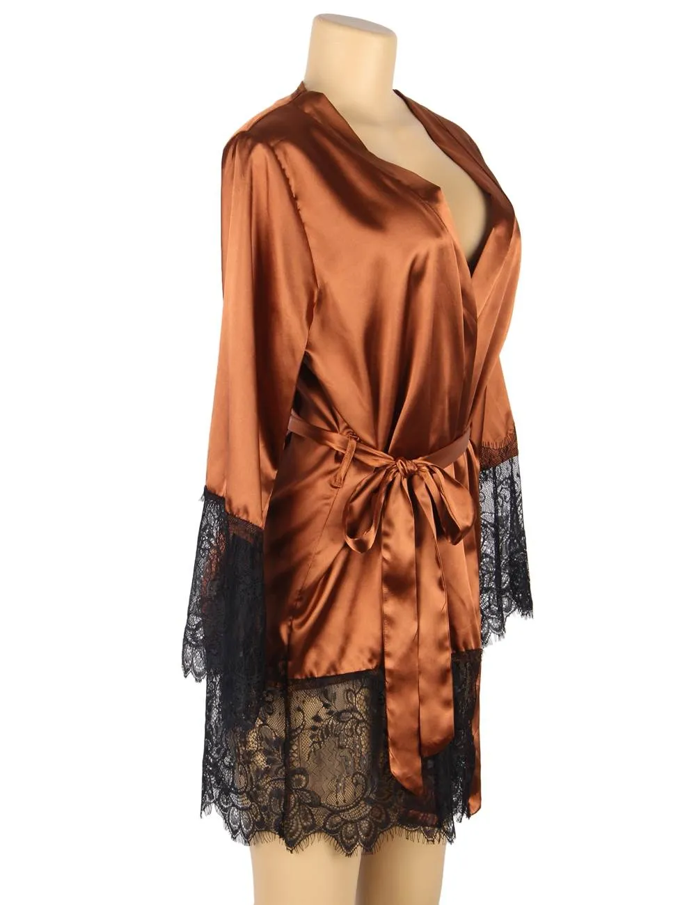 Elegant Nightdress Egypt Silk Eyelash Lace Long Sleeves Sleepwear With G String