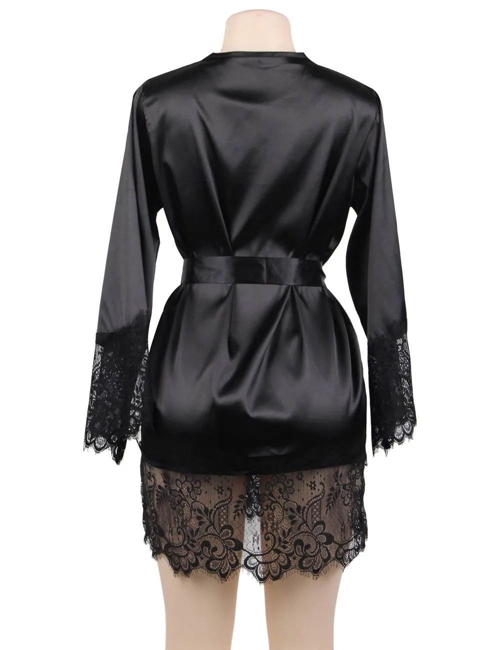 Elegant Nightdress Egypt Silk Eyelash Lace Long Sleeves Sleepwear With G String